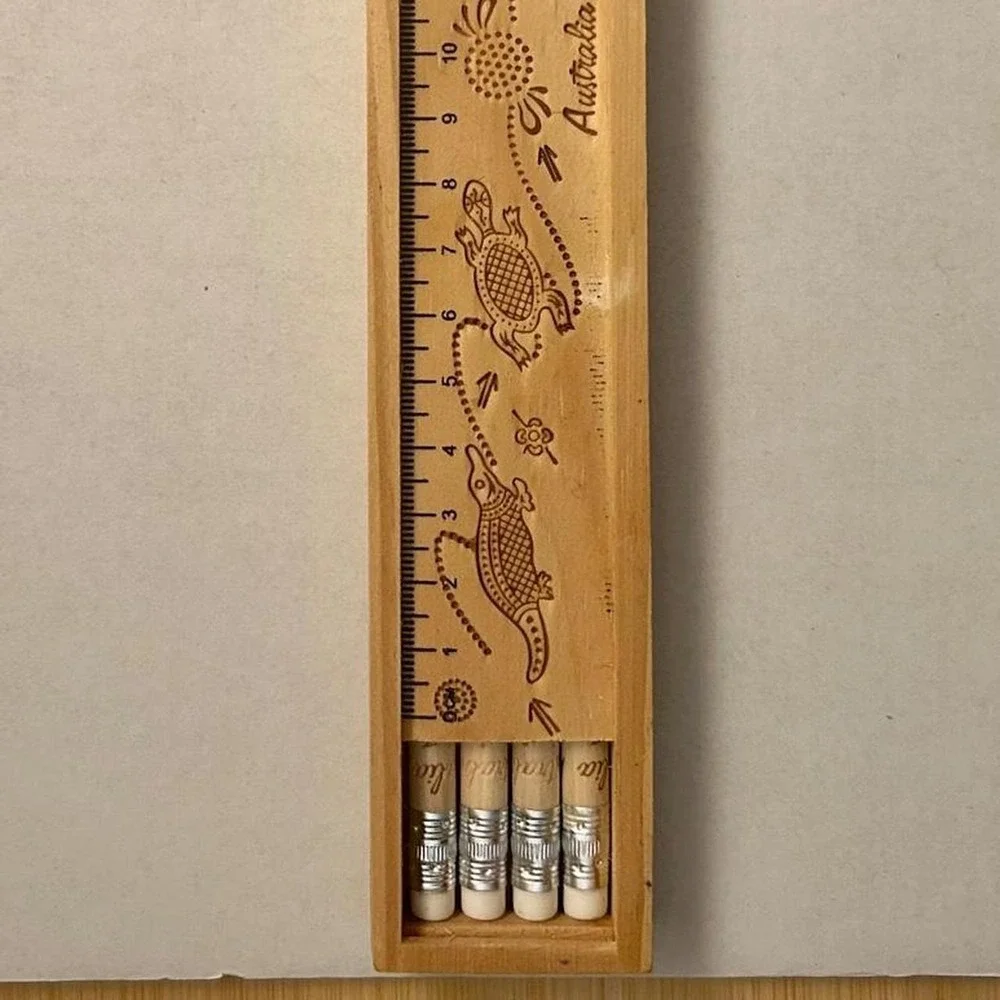 Australia Wooden Pencil Box Set Carved Kangaroo Turtle Animals Wood School Ruler